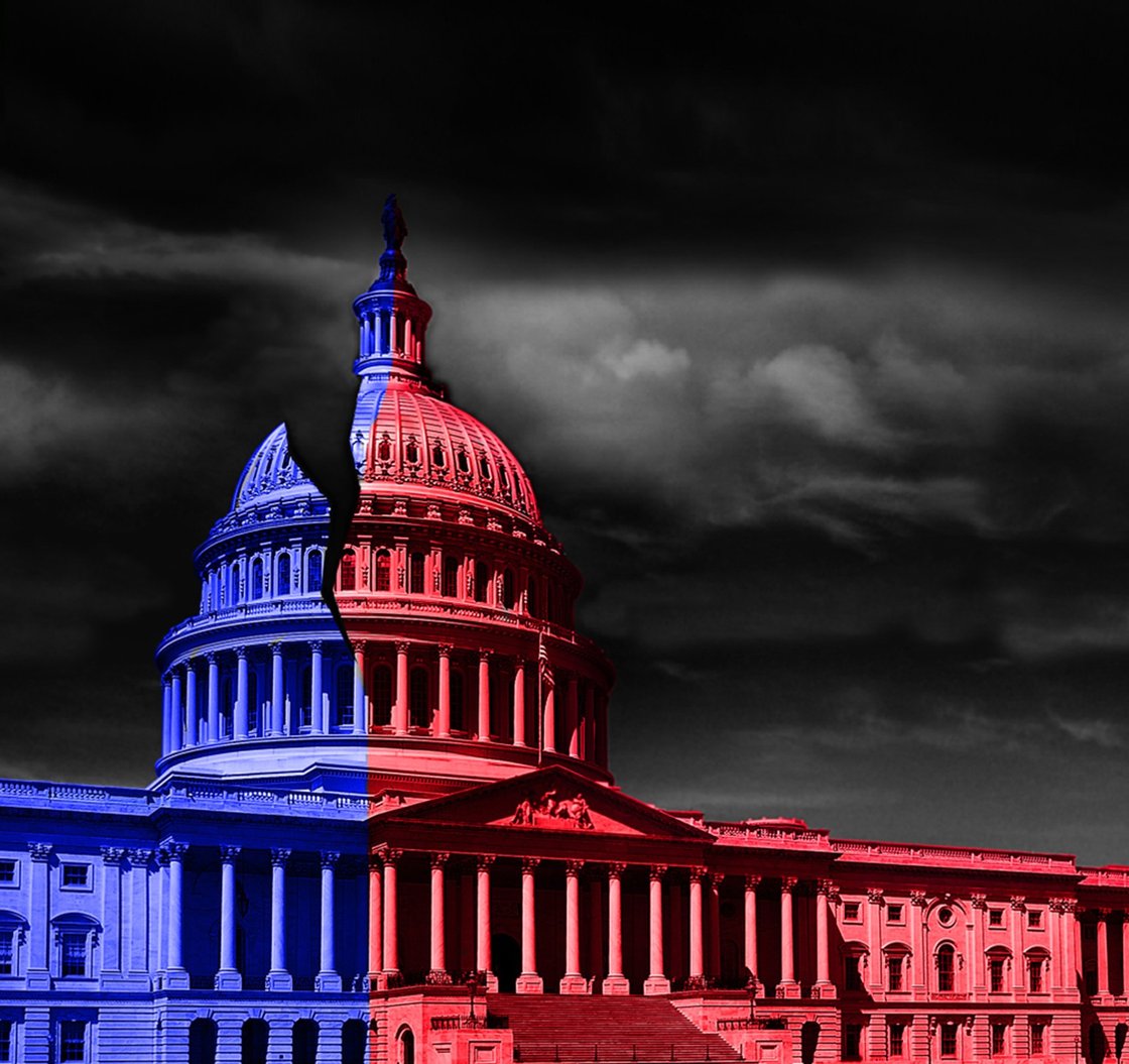A rendering of the U.S. Capitol building with half colored in blue and the other in red